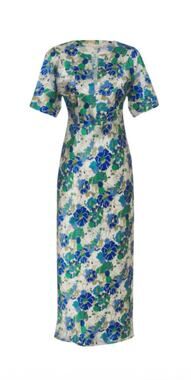 Gold Hawk 100% Silk Maxi Dress in Blue Miami Bloom size M Flutter Sleeve